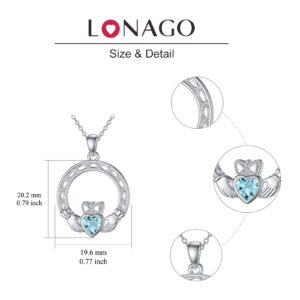 LONAGO Claddagh Necklace with Simulated Birthstone 925 Sterling Silver Irish Hands Holding Crown Celtic Knot Love Heart Pendant Jewelry for Women (3)