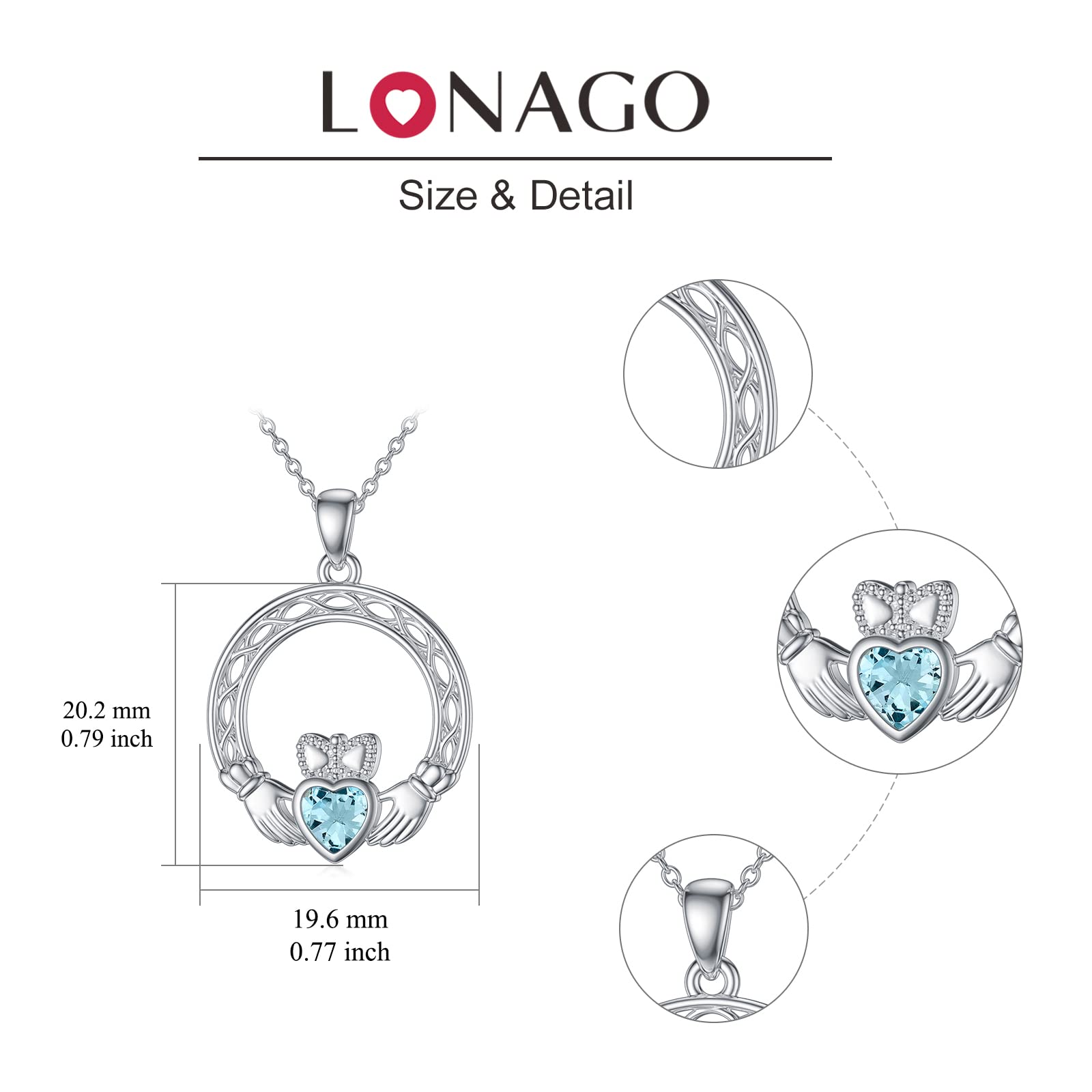 LONAGO Claddagh Necklace with Simulated Birthstone 925 Sterling Silver Irish Hands Holding Crown Celtic Knot Love Heart Pendant Jewelry for Women (3)