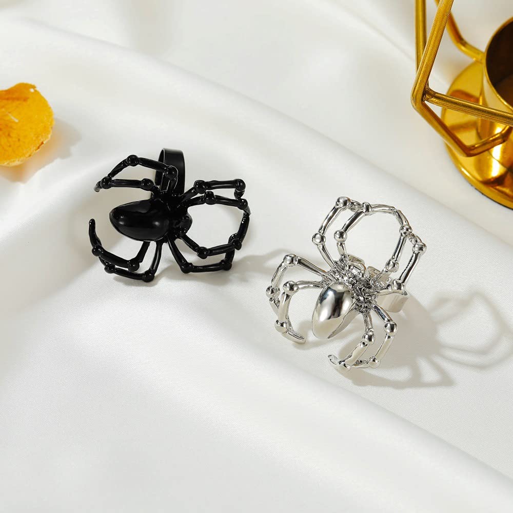 2 Pcs Spider Finger Rings Black and White Spider Couple Matching Rings Open Statement Rings Arachnid Ring Wrap Finger Band Adjustable Fahion Halloween Costume Party Gifts for Women Men