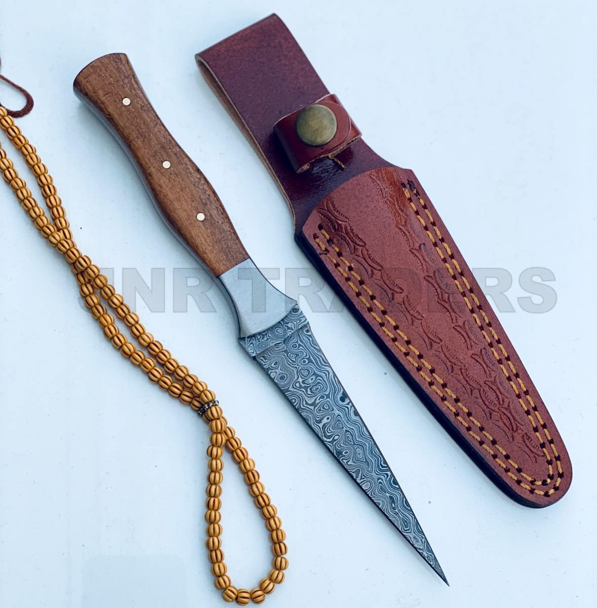 JNR Traders Handmade Damascus Knife Double Edge Arkansas Toothpick Knife Fixed Blade Knives with Leather Sheath 4.5 inch 3656