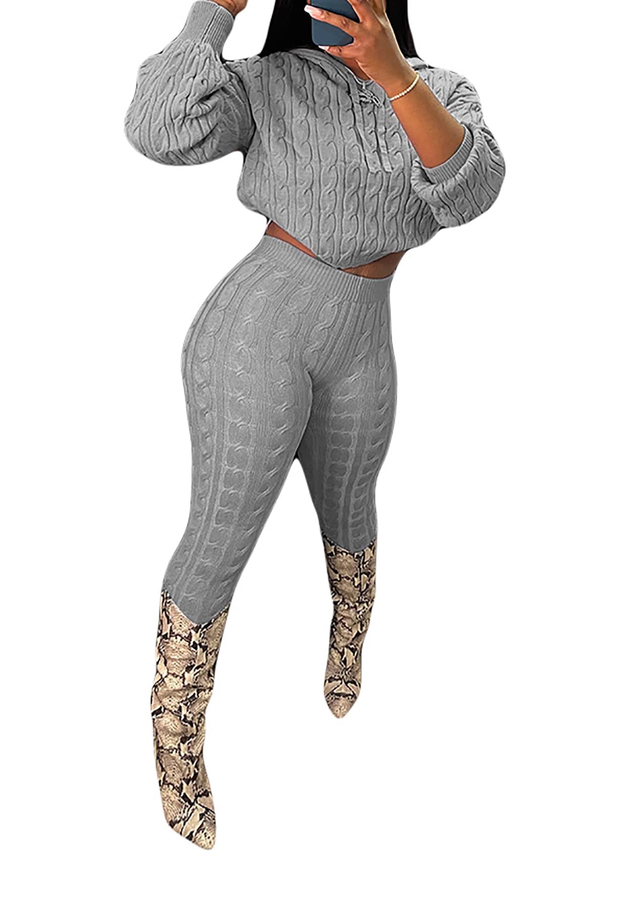 NRTHYE Hooded Sweater Two Piece Set Autumn Winter Women Solid Long Sleeve Crop Top And Pants Rib Knitted Suits Tracksuit