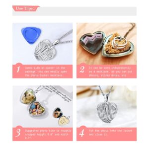 Picture Locket Necklace for Women Men 925 Sterling Silver Pendant Angel Wings Heart Locket Necklace that Holds Pictures Crystal Jewelry Memorial Necklace with Picture Personalized Photo Gifts for Her