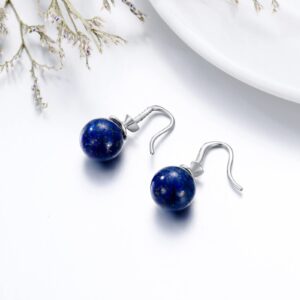 Silwan Silver Lapis Lazuli Dangle Earrings, S925 Sterling Silver 10mm Round Spherical Ball Lapis Bead Drop Earrings, Cubic Zircon Dangle Jewelry for Women Girls