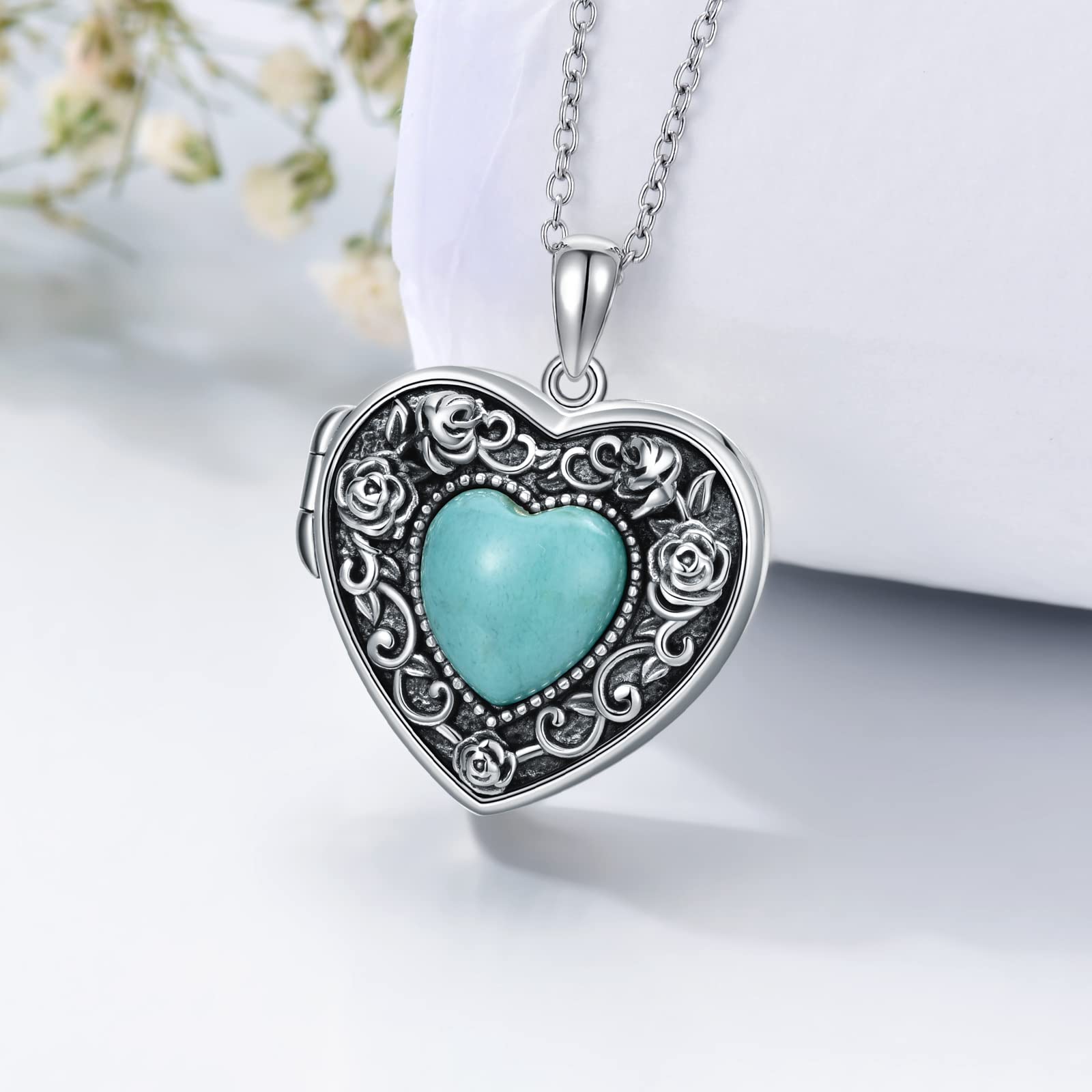 BETHZA Turquoise Heart Locket Necklace That Holds 2 Pictures Sterling Silver Custom Photo Locket Pendant Turquoise Gemstone Jewelry Gifts for Women Grandma(Only Locket Necklace)