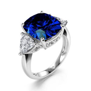 Jeulia Cushion Cut Gemstone Three Stone Ring: Sterling Silver Blue Simulated Sapphire Women's Engagement Ring Wedding Anniversary Christmas Birthday with Jewelry Gift Box (Sapphire, 8)