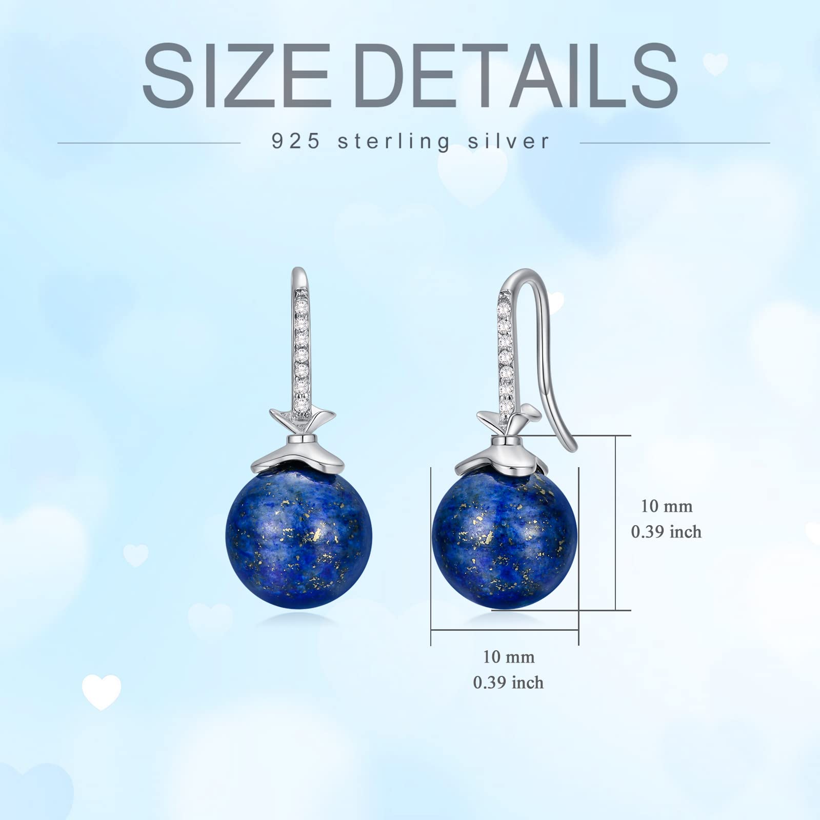 Silwan Silver Lapis Lazuli Dangle Earrings, S925 Sterling Silver 10mm Round Spherical Ball Lapis Bead Drop Earrings, Cubic Zircon Dangle Jewelry for Women Girls