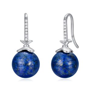 Silwan Silver Lapis Lazuli Dangle Earrings, S925 Sterling Silver 10mm Round Spherical Ball Lapis Bead Drop Earrings, Cubic Zircon Dangle Jewelry for Women Girls