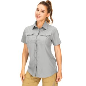 women's upf 50+ short sleeve button down shirts uv sun protection safari shirts quick dry outdoor shirt for fishing hiking travel (5075,grey,l)