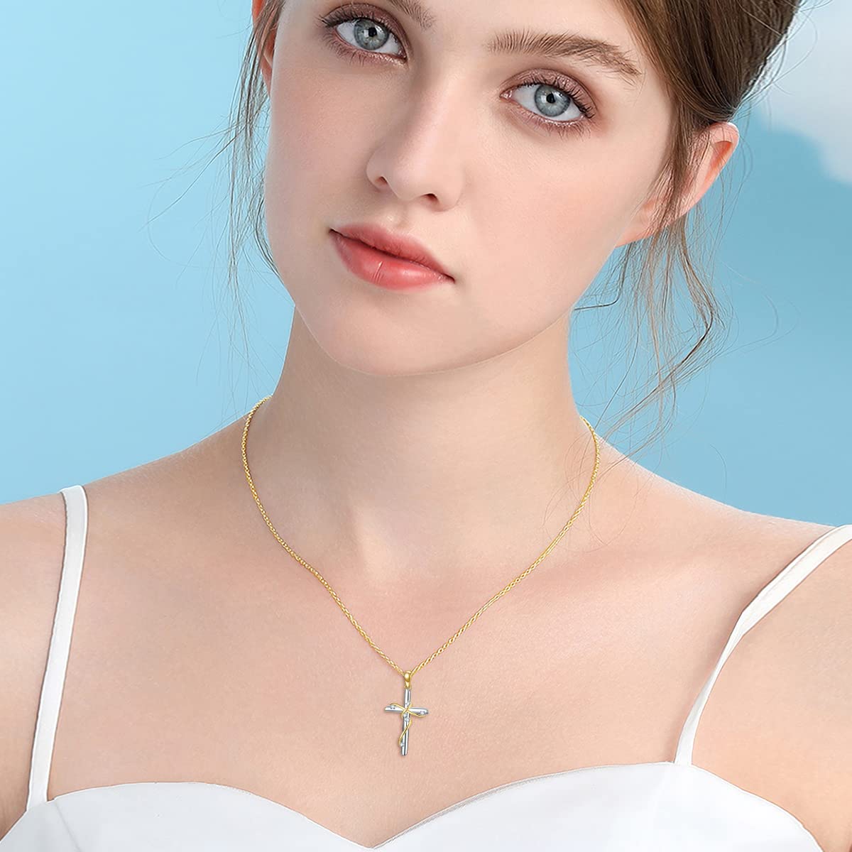 SISGEM Real Gold Diamond Cross Necklace for Women,10K Yellow/White Gold Religious Cross Pendant Necklace Genuine Diamond Cross Jewelry Gifts for Birthday Christmas 16+1+1 inch