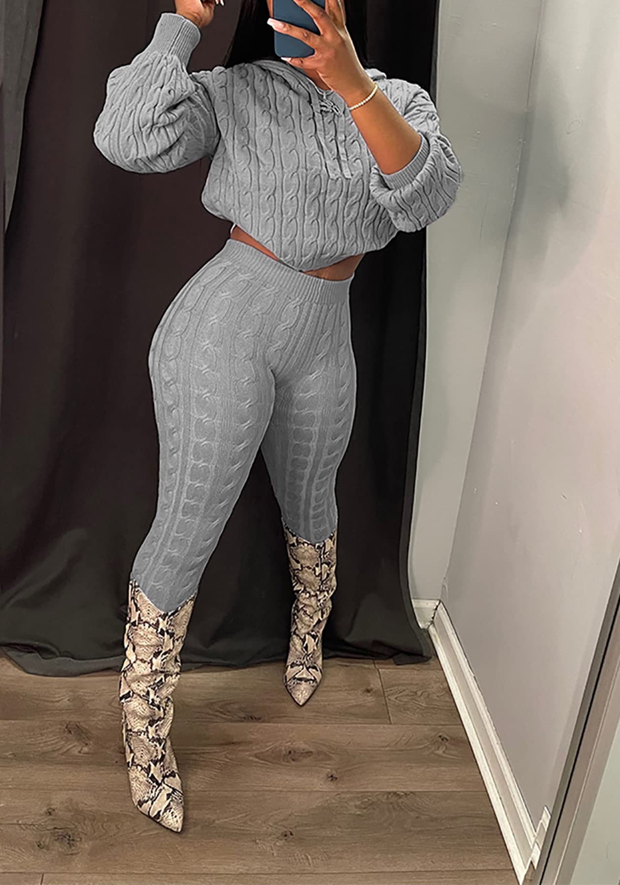 NRTHYE Hooded Sweater Two Piece Set Autumn Winter Women Solid Long Sleeve Crop Top And Pants Rib Knitted Suits Tracksuit