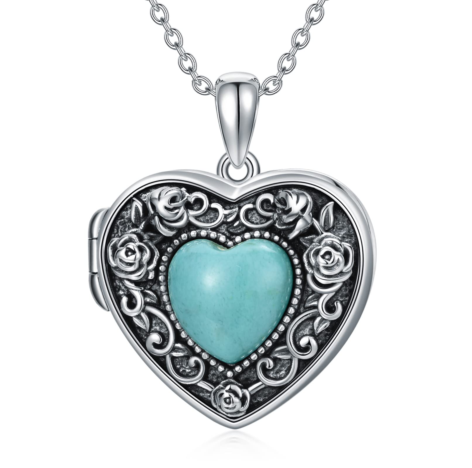 BETHZA Turquoise Heart Locket Necklace That Holds 2 Pictures Sterling Silver Custom Photo Locket Pendant Turquoise Gemstone Jewelry Gifts for Women Grandma(Only Locket Necklace)