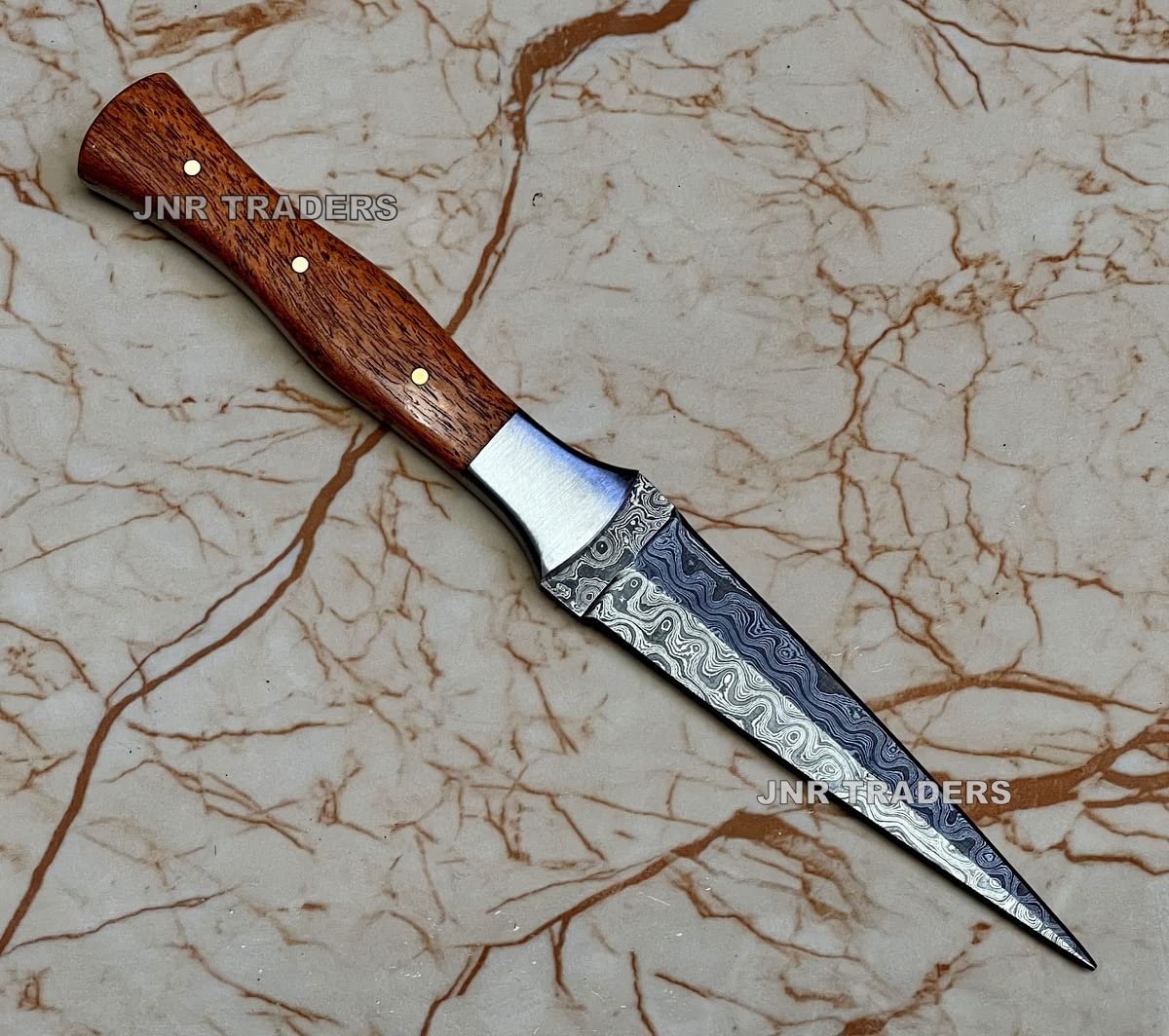 JNR Traders Handmade Damascus Knife Double Edge Arkansas Toothpick Knife Fixed Blade Knives with Leather Sheath 4.5 inch 3656