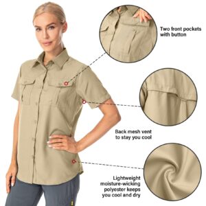 Women's Button Down Shirts UPF 50+ Short Sleeve Sun Protection Shirts Stretch Quick Dry Shirt for Fishing, Hiking, Travel (5075,Khaki,L)