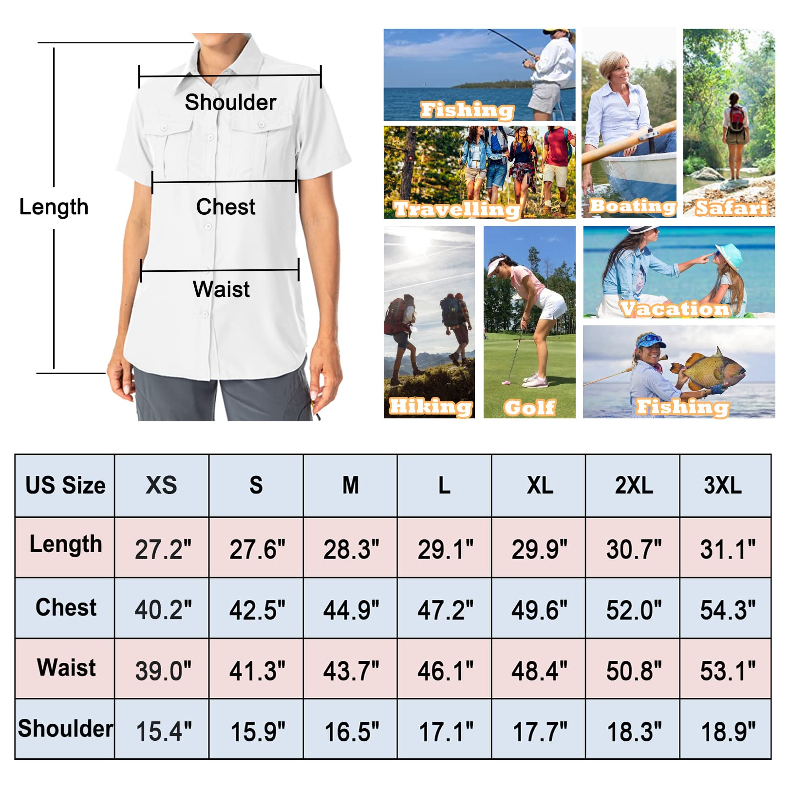 Women's UPF 50+ Short Sleeve Button Down Shirts UV Sun Protection Safari Shirts Quick Dry Outdoor Shirt for Fishing Hiking Travel (5075,White,M)