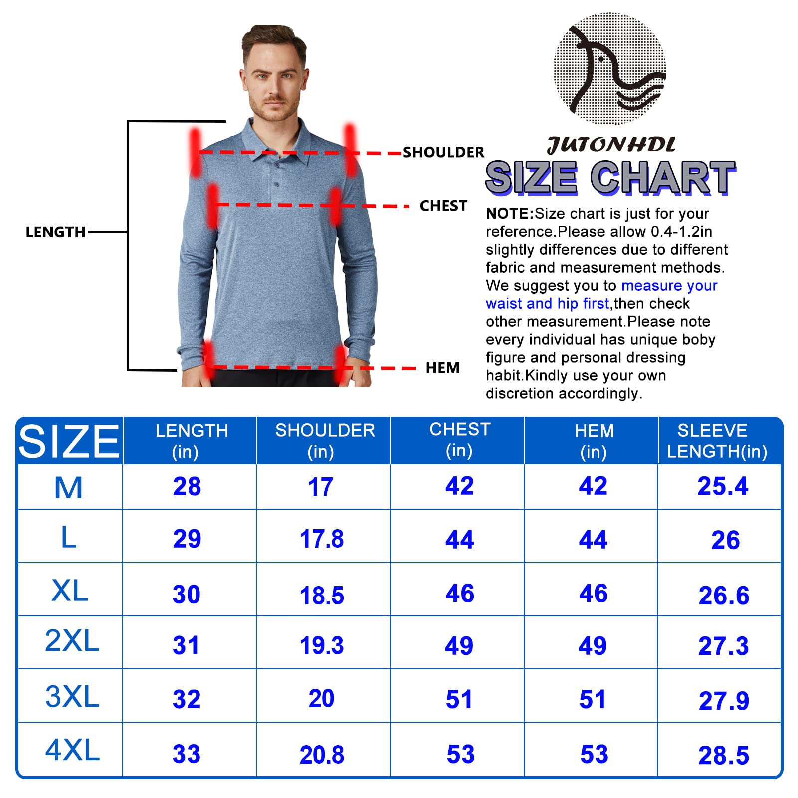 JUTONHDL Mens Long Sleeve Golf Polo Shirts with Seamless Moisture Wicking UPF 50+ Sun Protection for Fishing Running Hiking(H Sapphire Blue,3XL)