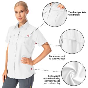 Women's UPF 50+ Short Sleeve Button Down Shirts UV Sun Protection Safari Shirts Quick Dry Outdoor Shirt for Fishing Hiking Travel (5075,White,M)