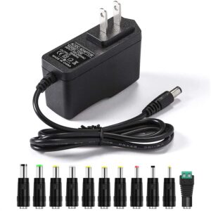 9V 2A AC Adapter Power Supply Charger [9 Volts 2 Amps Regulated Switching Power] with 11 Interchangeable DC Plug for 300mA 400mA 500mA 600mA 700mA 800mA 900mA 1000mA 1500mA 2000mA Equipment