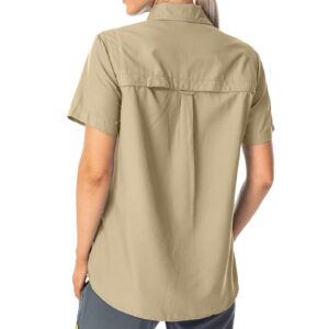 Women's Button Down Shirts UPF 50+ Short Sleeve Sun Protection Shirts Stretch Quick Dry Shirt for Fishing, Hiking, Travel (5075,Khaki,L)