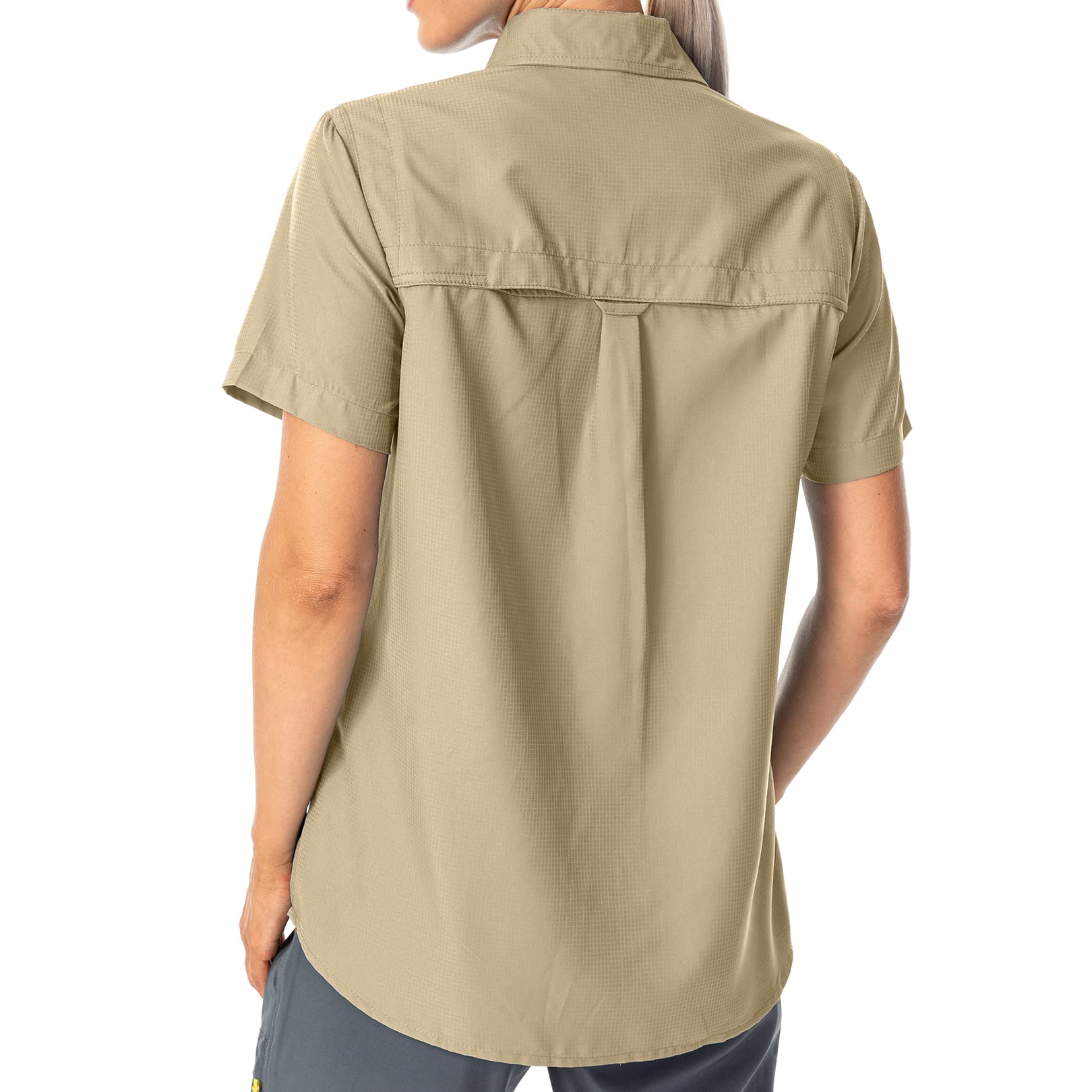 Women's Button Down Shirts UPF 50+ Short Sleeve Sun Protection Shirts Stretch Quick Dry Shirt for Fishing, Hiking, Travel (5075,Khaki,L)