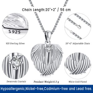 Picture Locket Necklace for Women Men 925 Sterling Silver Pendant Angel Wings Heart Locket Necklace that Holds Pictures Crystal Jewelry Memorial Necklace with Picture Personalized Photo Gifts for Her