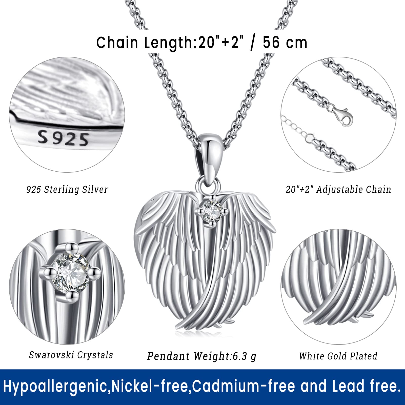 Picture Locket Necklace for Women Men 925 Sterling Silver Pendant Angel Wings Heart Locket Necklace that Holds Pictures Crystal Jewelry Memorial Necklace with Picture Personalized Photo Gifts for Her