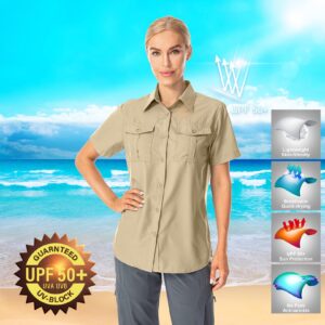 Women's Button Down Shirts UPF 50+ Short Sleeve Sun Protection Shirts Stretch Quick Dry Shirt for Fishing, Hiking, Travel (5075,Khaki,L)