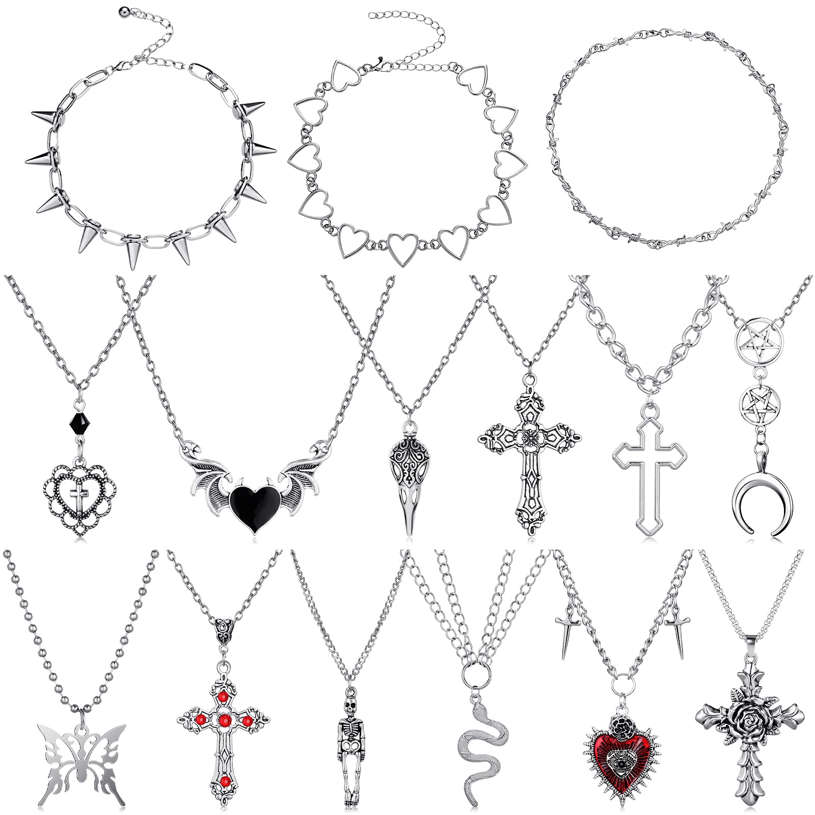 Janmercy 15 Pcs Gothic Grunge Necklace Set Goth Punk Rock Vintage Y2k Harajuku Silver Chain Choker Necklace Jewelry Costume Accessories for Women Teen Girls