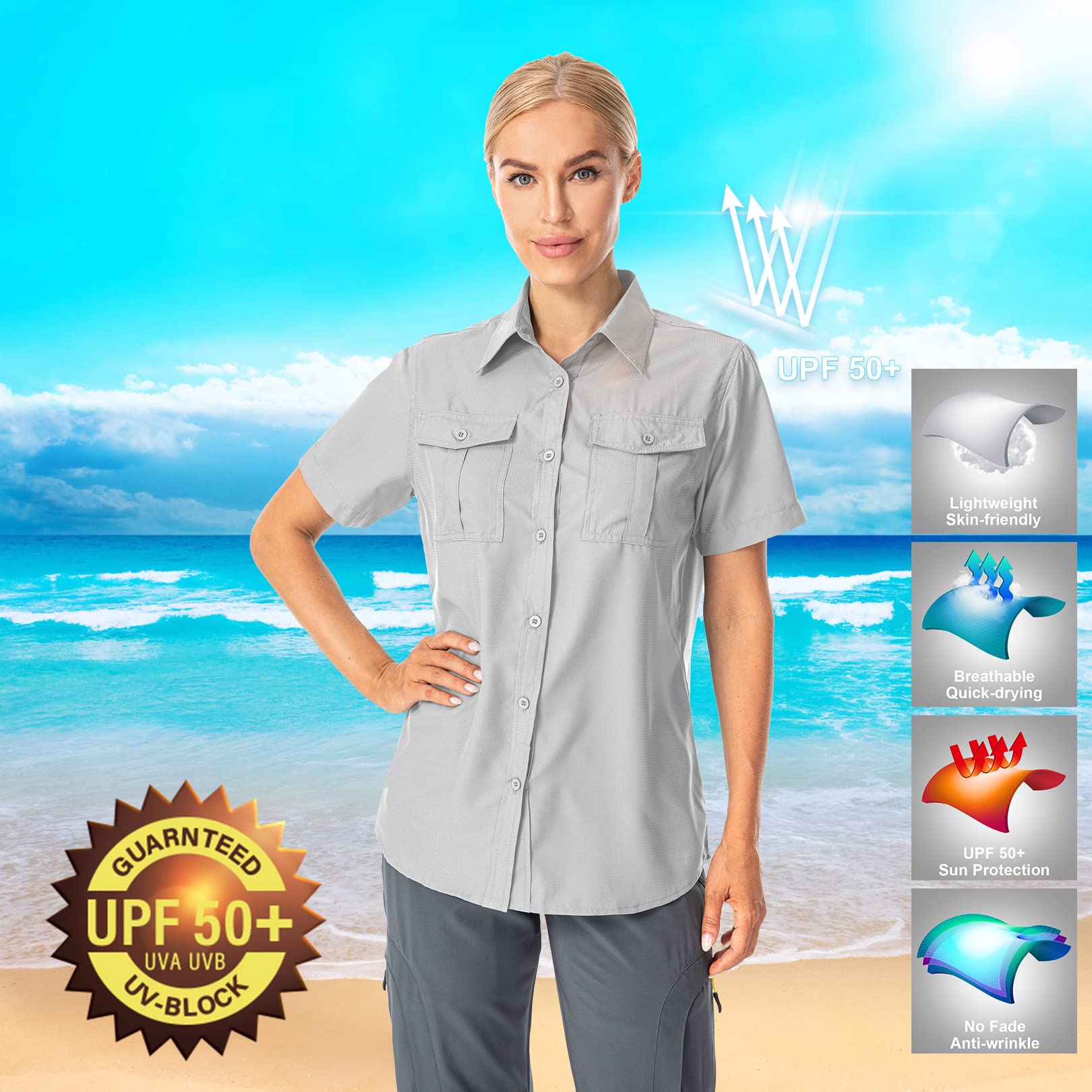 Women's UPF 50+ Short Sleeve Button Down Shirts UV Sun Protection Safari Shirts Quick Dry Outdoor Shirt for Fishing Hiking Travel (5075,Grey,L)