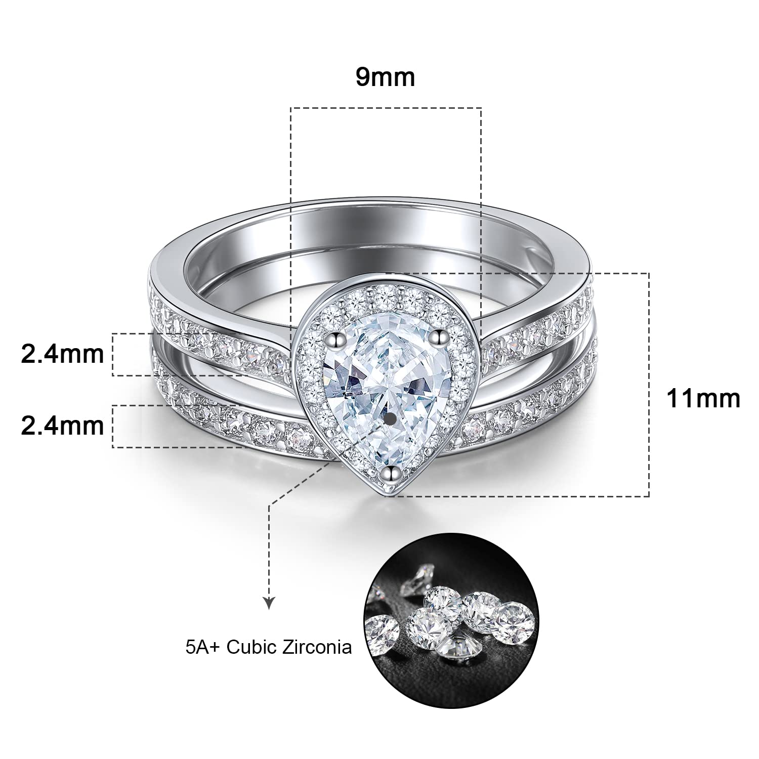 Gemsme Wedding Engagement Rings Set, 18K White Gold Plated Teardrop Cut Cubic Zirconia Halo Promise Ring for Women (7)