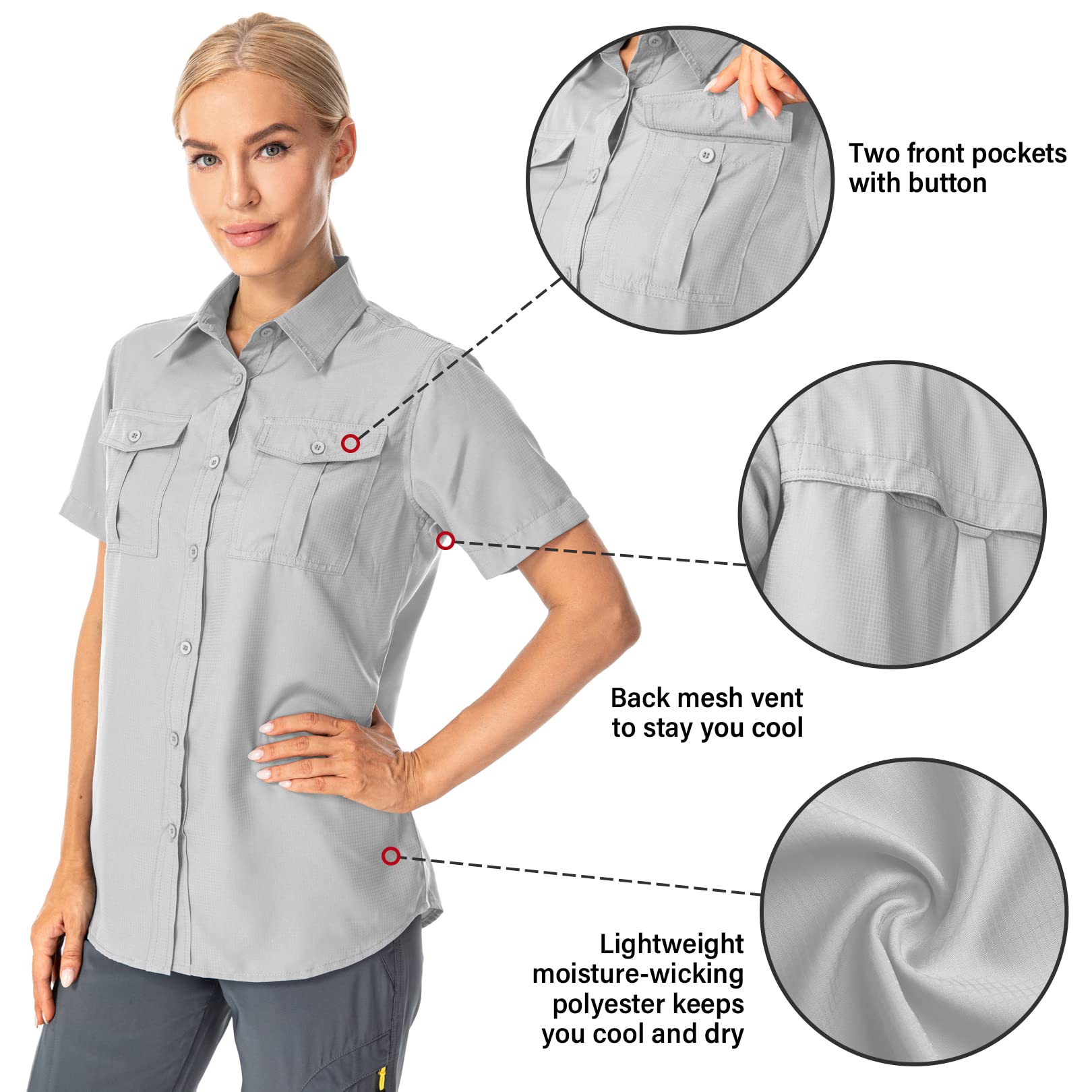 Women's UPF 50+ Short Sleeve Button Down Shirts UV Sun Protection Safari Shirts Quick Dry Outdoor Shirt for Fishing Hiking Travel (5075,Grey,L)