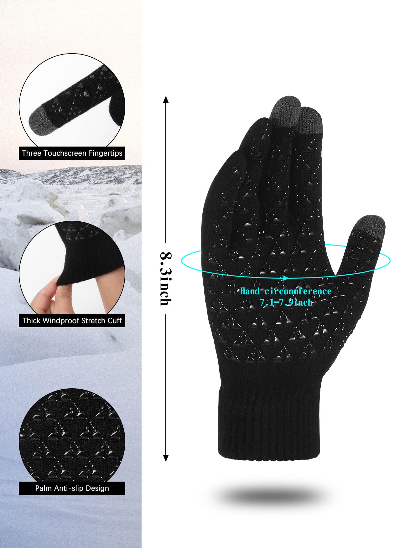 Gaoport 3pairs Winter Knit Gloves Women with Touchscreen fingers Anti-Slip Warm Texting Smart Phone Gloves for Men Cold Weather