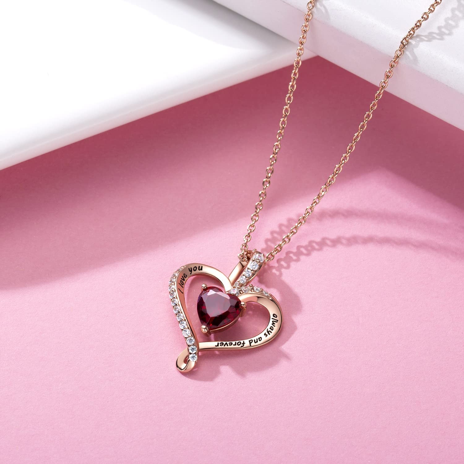 BlingGem Heart Necklaces for Women Birthstone Necklaces Jewelry for Women 925 Sterling Silver Necklace Womens Jewelry Love Diamond Pendant Necklace I Love You Always and Forever Fine Jewelry Birthday Anniversary Valentine's Day Mother's Day Christmas Gift