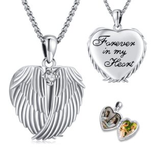 picture locket necklace for women men 925 sterling silver pendant angel wings heart locket necklace that holds pictures crystal jewelry memorial necklace with picture personalized photo gifts for her