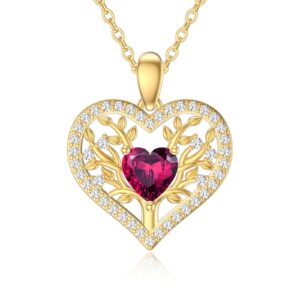 sisgem 14k real gold tree of life necklace for women,yellow gold family tree pendant necklace garnet heart jewerly gifts for birthday christmas 16+1+1 inch