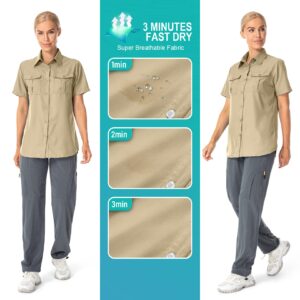 Women's Button Down Shirts UPF 50+ Short Sleeve Sun Protection Shirts Stretch Quick Dry Shirt for Fishing, Hiking, Travel (5075,Khaki,L)