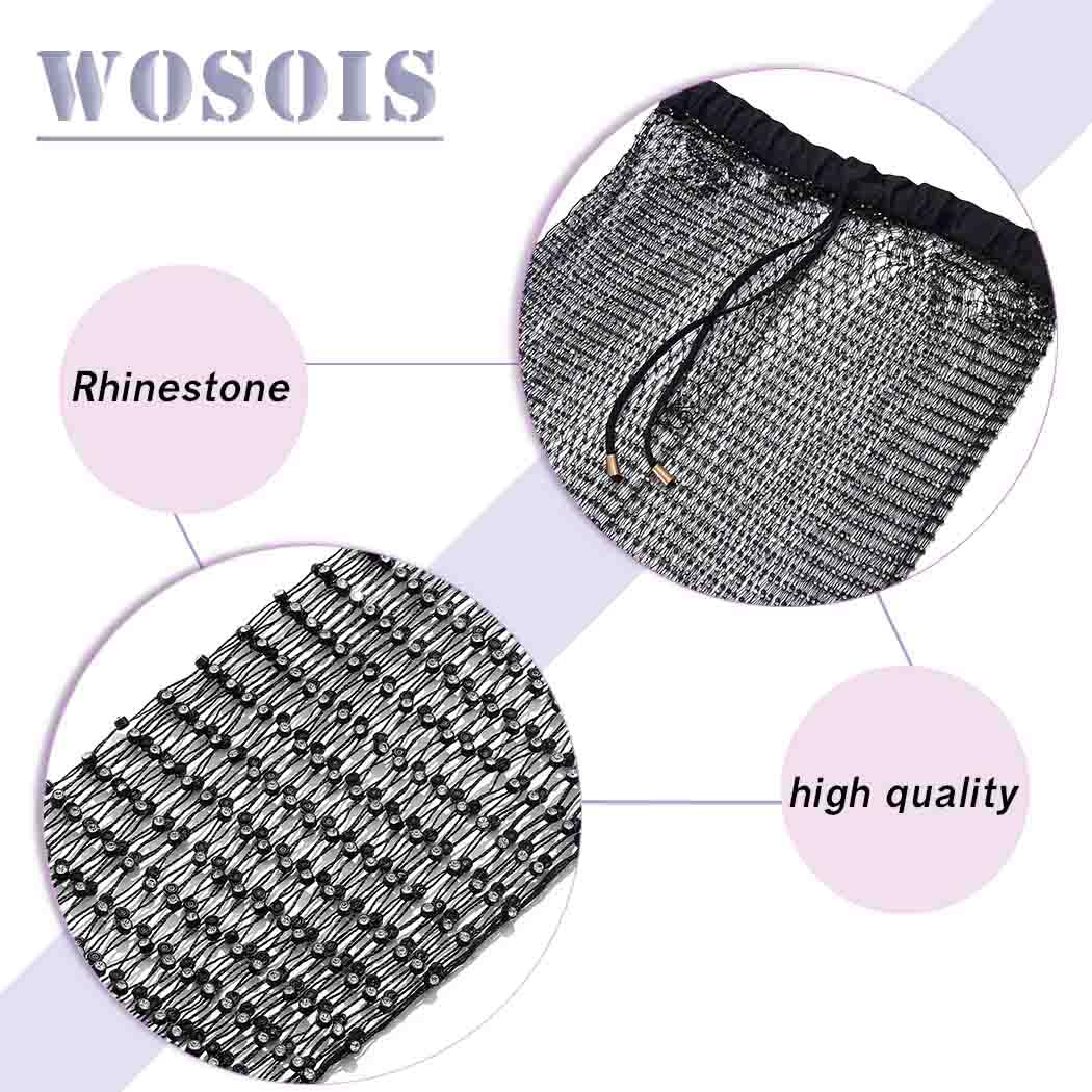 Wosois Mesh Fishnet Pants Black Rhinestone See Through Leggings Crystal Cover Up Rave Festival Nightclub Party Summer Beach Clubwear Body Accessories Jewelry for Women and Girls (110cm)