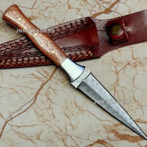 JNR Traders Handmade Damascus Knife Double Edge Arkansas Toothpick Knife Fixed Blade Knives with Leather Sheath 4.5 inch 3656