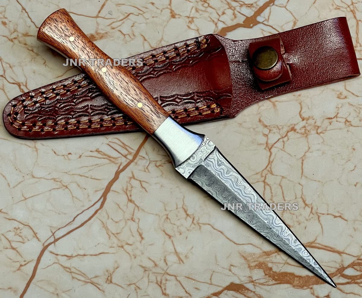 JNR Traders Handmade Damascus Knife Double Edge Arkansas Toothpick Knife Fixed Blade Knives with Leather Sheath 4.5 inch 3656