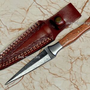 JNR Traders Handmade Damascus Knife Double Edge Arkansas Toothpick Knife Fixed Blade Knives with Leather Sheath 4.5 inch 3656