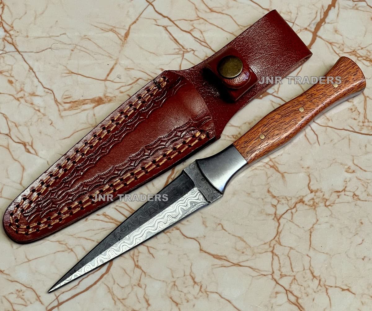 JNR Traders Handmade Damascus Knife Double Edge Arkansas Toothpick Knife Fixed Blade Knives with Leather Sheath 4.5 inch 3656