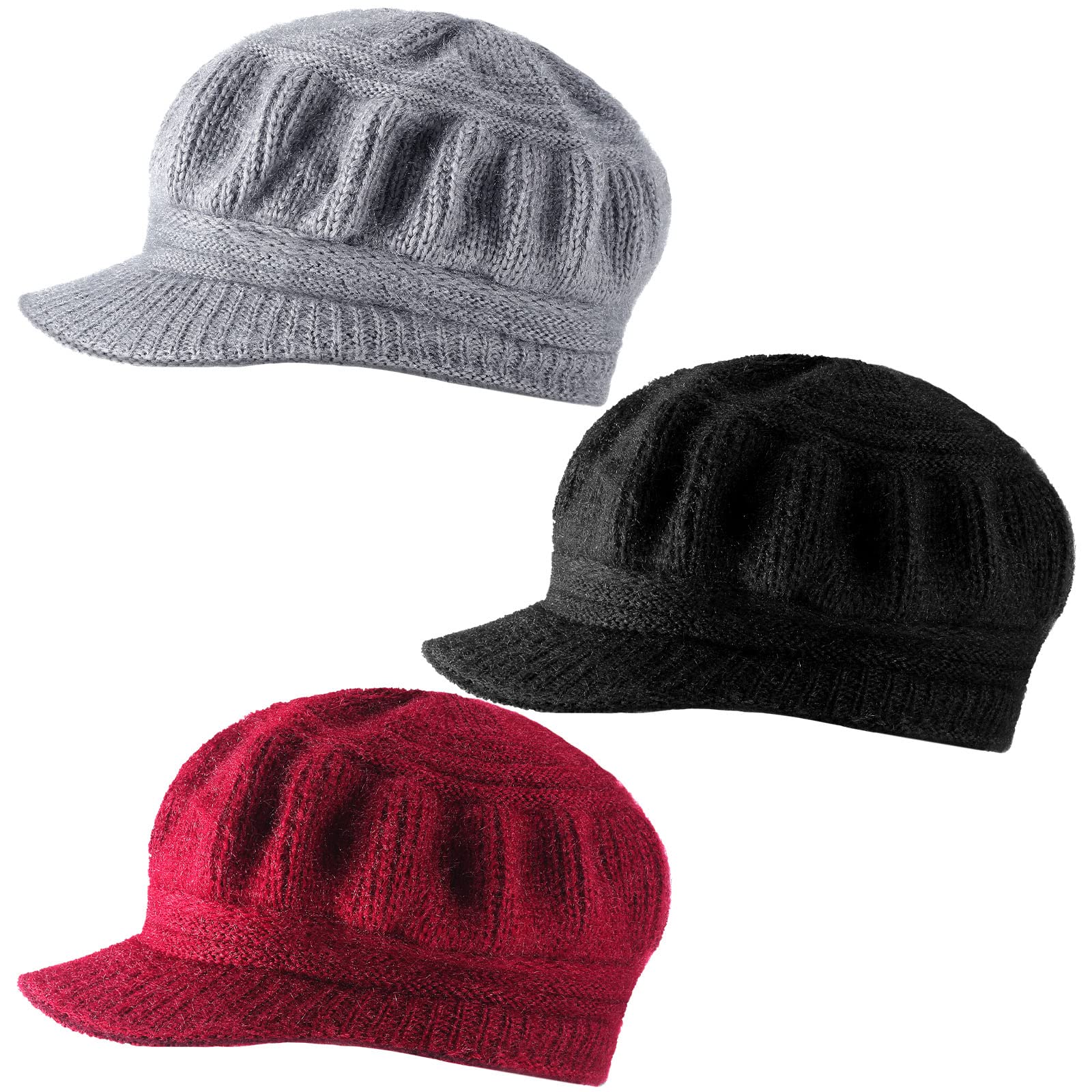 Mepase 3 Pieces Women Warm Hat for Winter Slouchy Beanie Cap with Visor Knitted Newsboy Hats for Women Ski Snow (Red, Black, Gray)