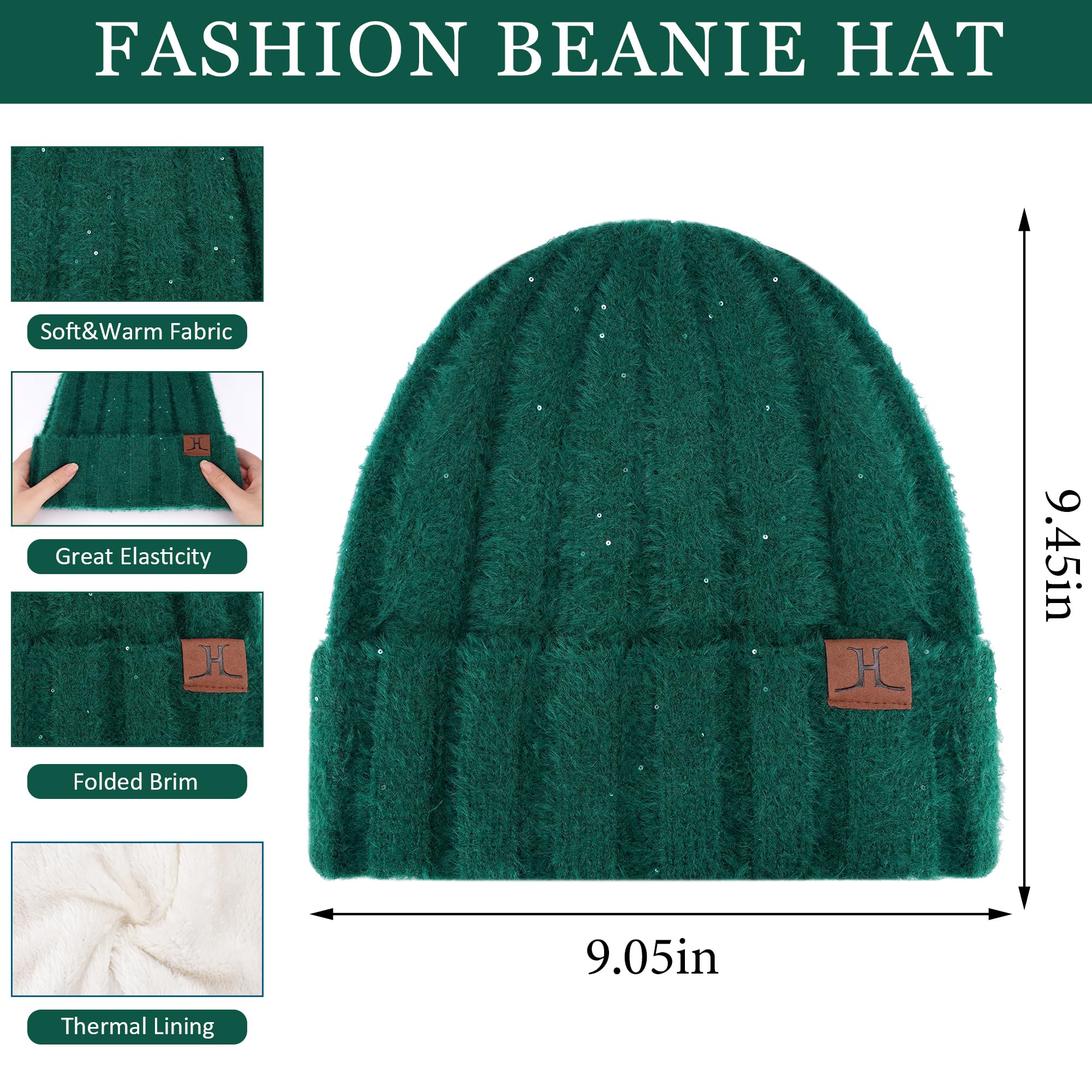 Womens Winter Warm Knit Beanie Hats and Touchscreen Gloves Long Scarf Sets with Sequins Thick Fleece Lined Dark Green