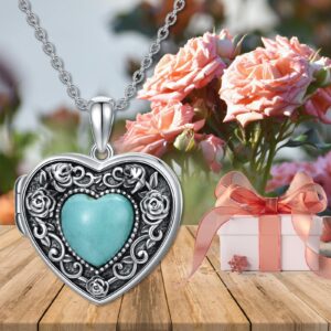 BETHZA Turquoise Heart Locket Necklace That Holds 2 Pictures Sterling Silver Custom Photo Locket Pendant Turquoise Gemstone Jewelry Gifts for Women Grandma(Only Locket Necklace)