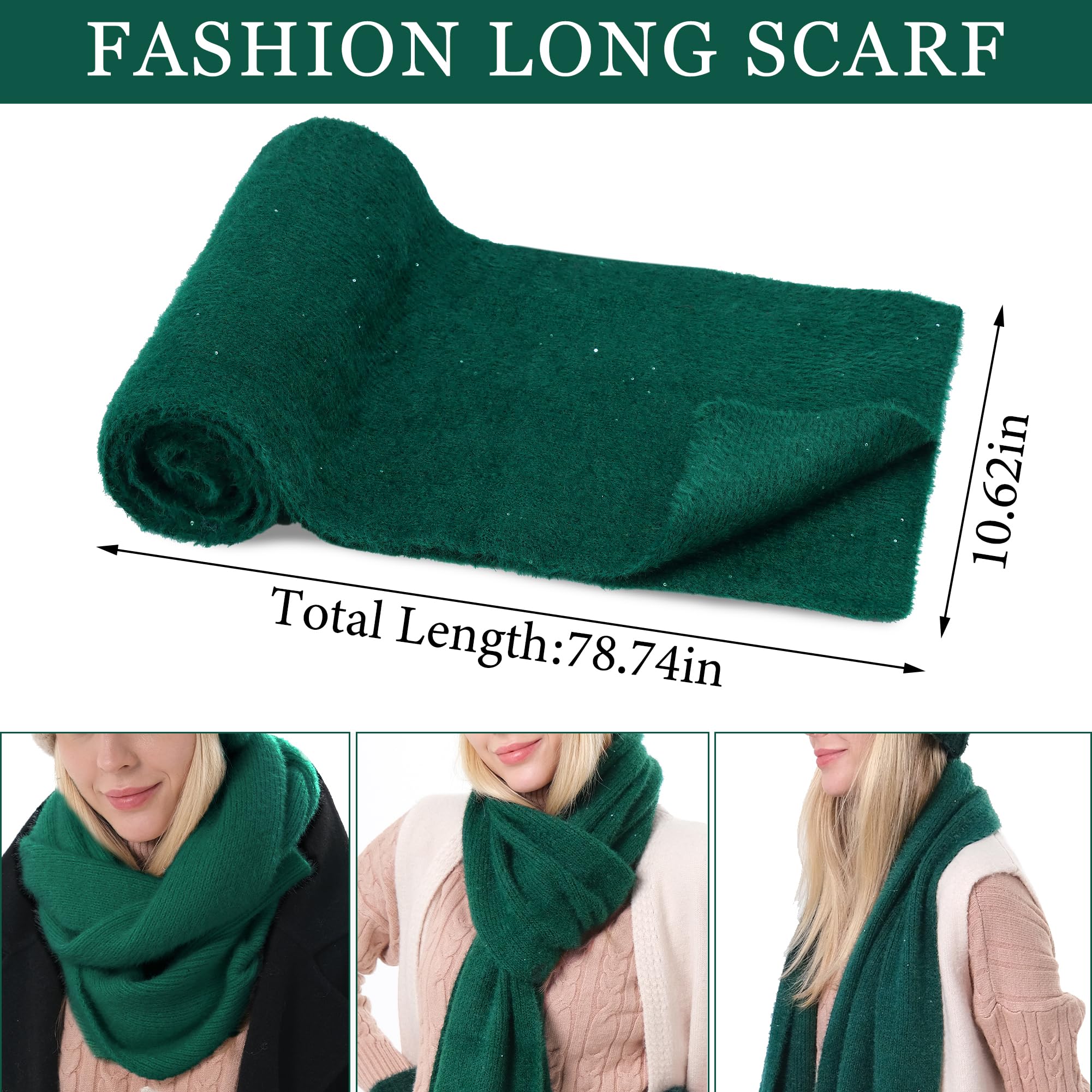 Womens Winter Warm Knit Beanie Hats and Touchscreen Gloves Long Scarf Sets with Sequins Thick Fleece Lined Dark Green