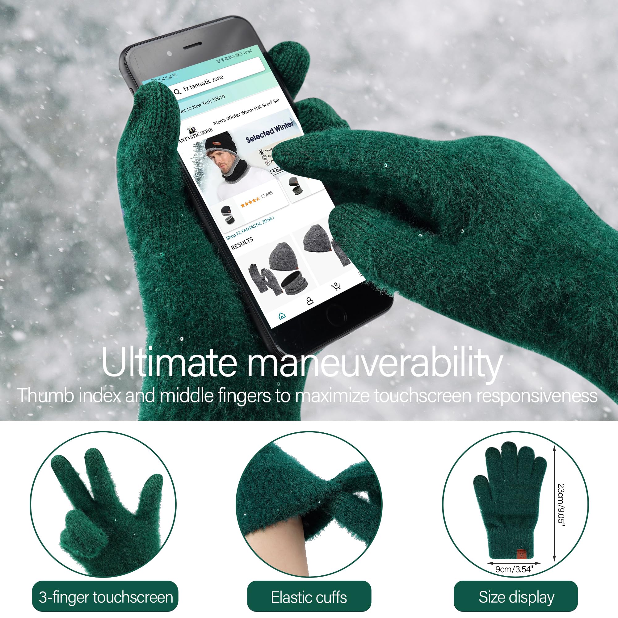 Womens Winter Warm Knit Beanie Hats and Touchscreen Gloves Long Scarf Sets with Sequins Thick Fleece Lined Dark Green