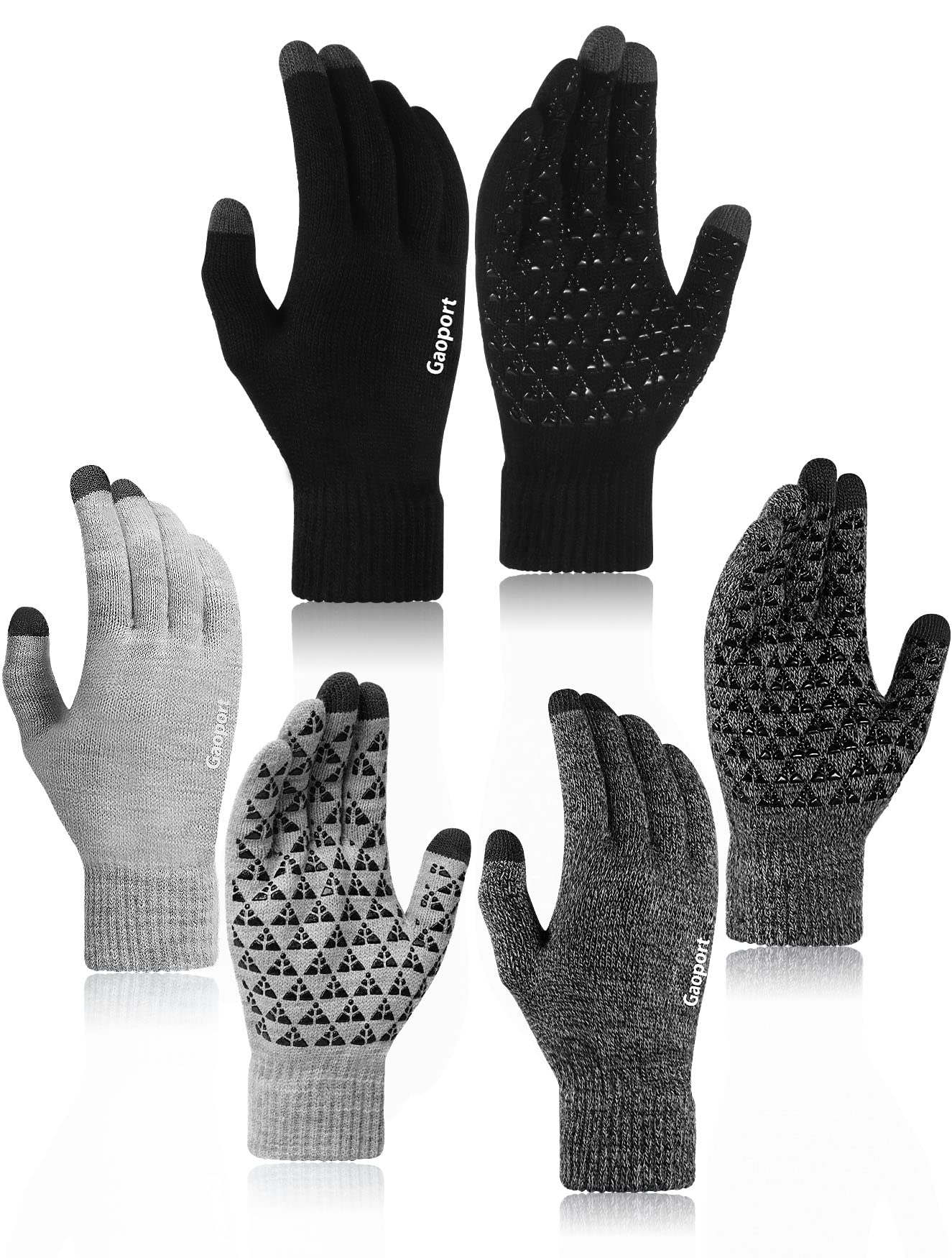 Gaoport 3pairs Winter Knit Gloves Women with Touchscreen fingers Anti-Slip Warm Texting Smart Phone Gloves for Men Cold Weather