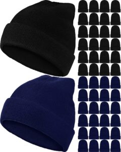 jecery 80 winter beanies hats bulk for homeless cold weather thermal stretch caps warm knitted cuffed hats (black,dark blue)