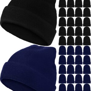 Jecery 80 Winter Beanies Hats Bulk for Homeless Cold Weather Thermal Stretch Caps Warm Knitted Cuffed Hats (Black,Dark Blue)