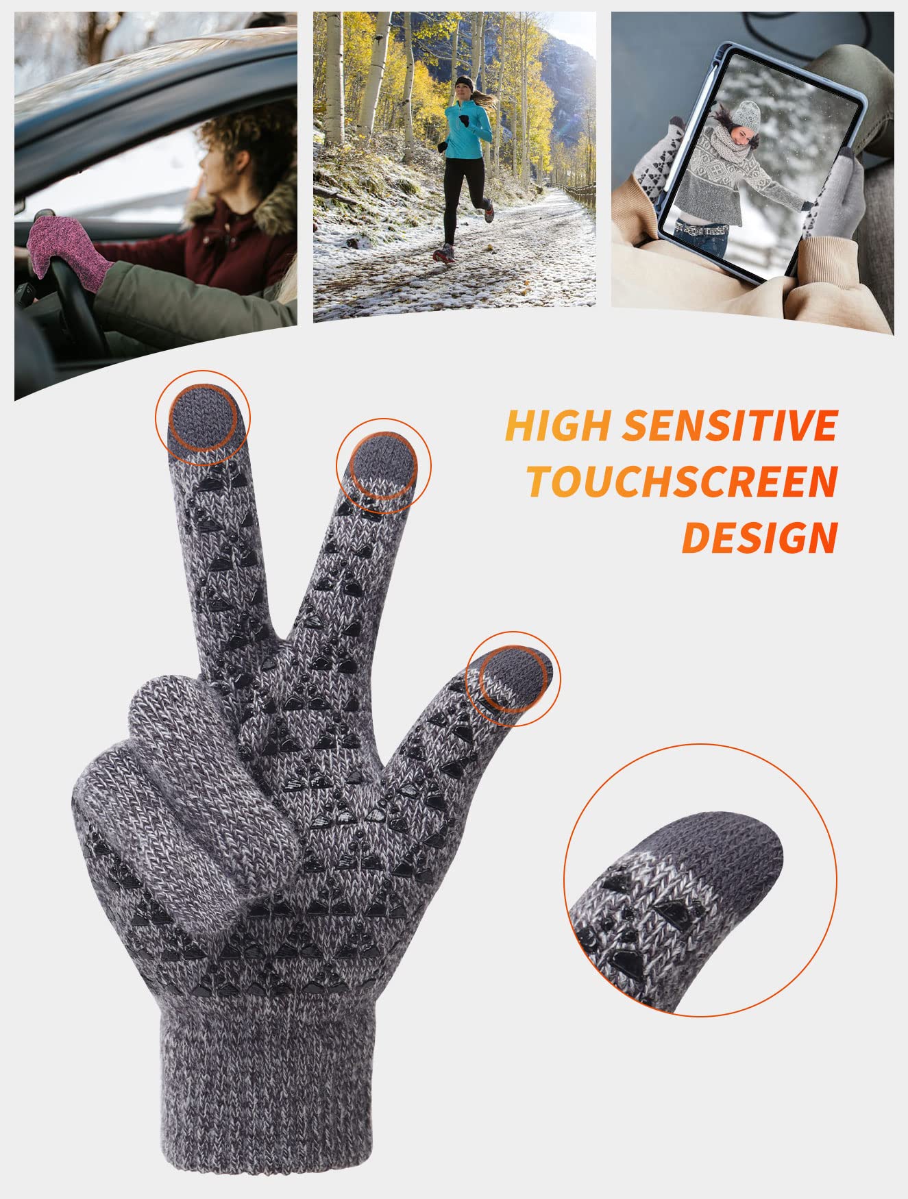 Gaoport 3pairs Winter Knit Gloves Women with Touchscreen fingers Anti-Slip Warm Texting Smart Phone Gloves for Men Cold Weather