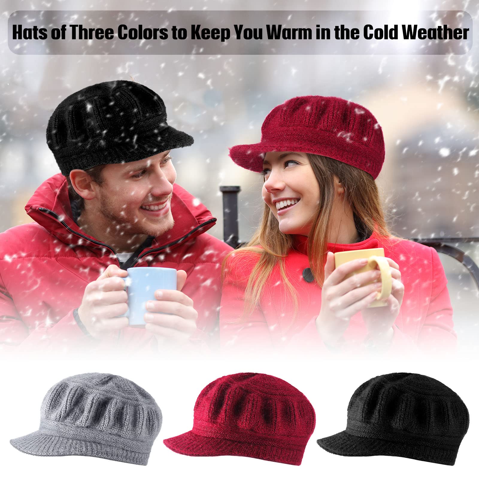 Mepase 3 Pieces Women Warm Hat for Winter Slouchy Beanie Cap with Visor Knitted Newsboy Hats for Women Ski Snow (Red, Black, Gray)